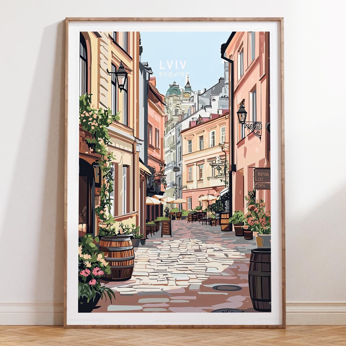 Lviv Ukraine Old Town Street Cafe Scene Daylight Travel Poster