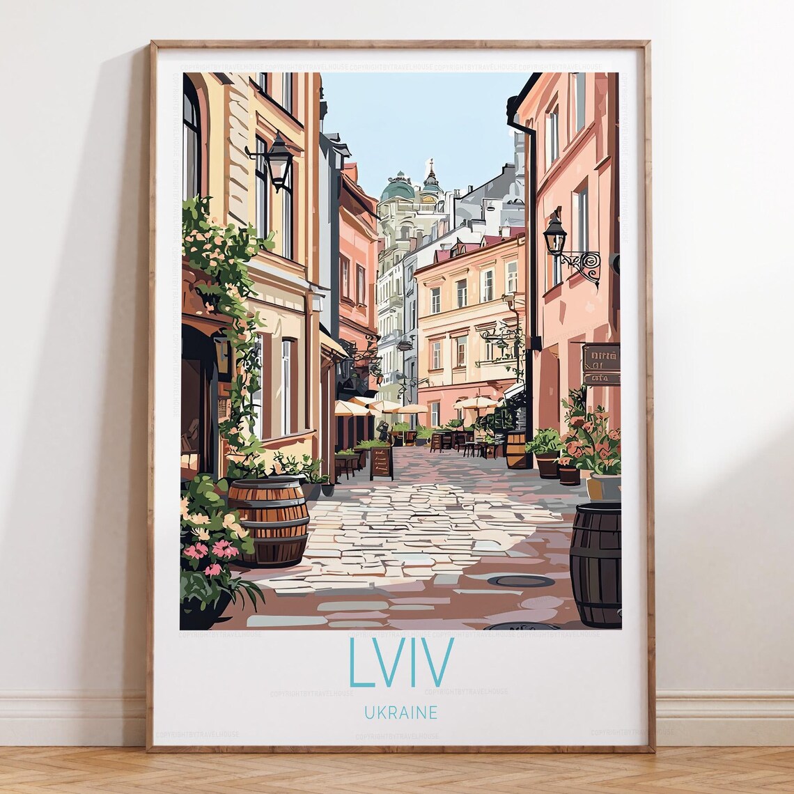 Lviv Ukraine Old Town Cobblestone Street Cafes Travel Poster