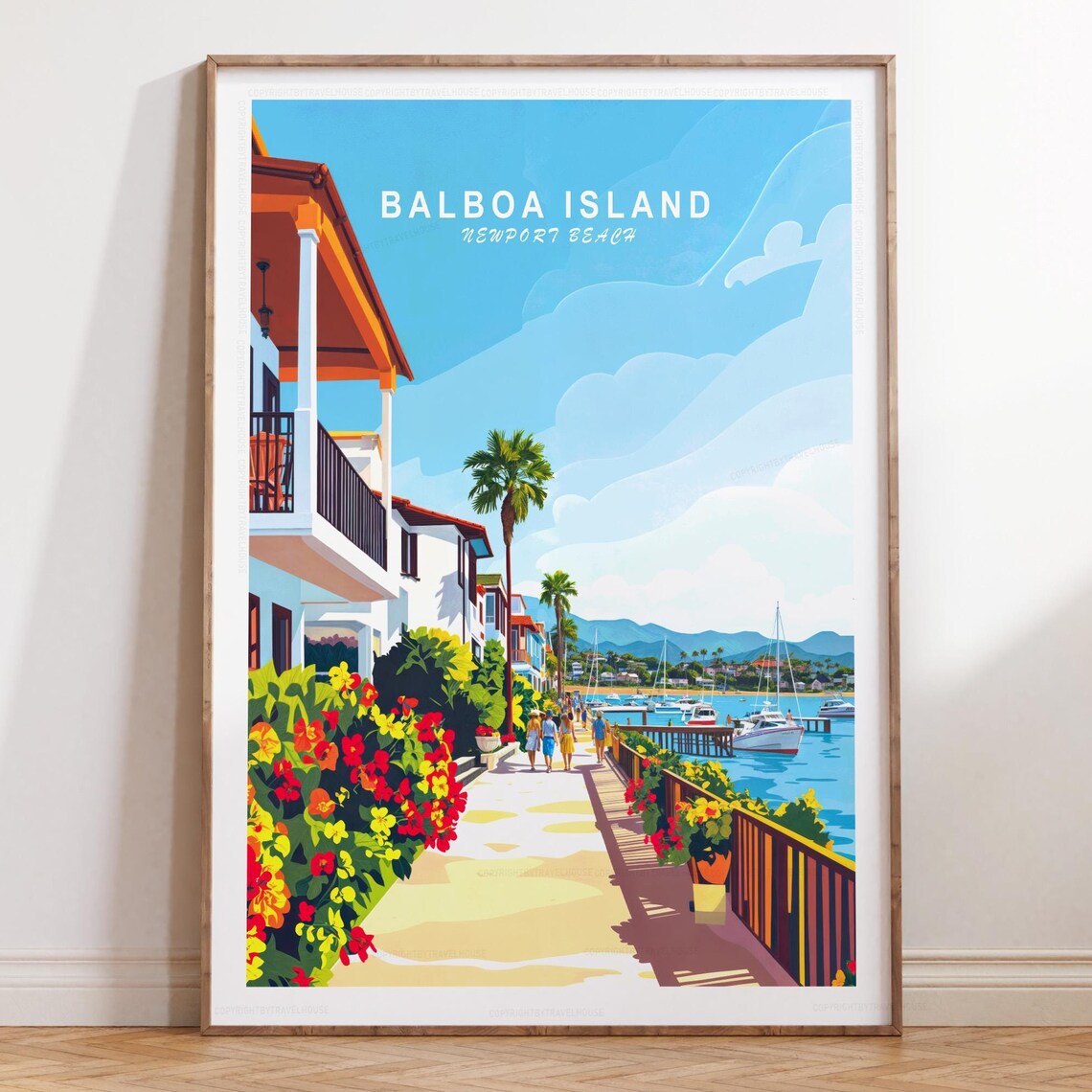 Balboa Island Newport Beach Harbor Sailboats Vintage Travel Poster