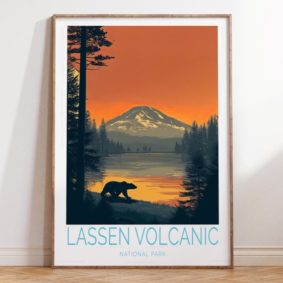 Lassen Volcanic National Park Poster - Bear at Sunset Lake Travel Art