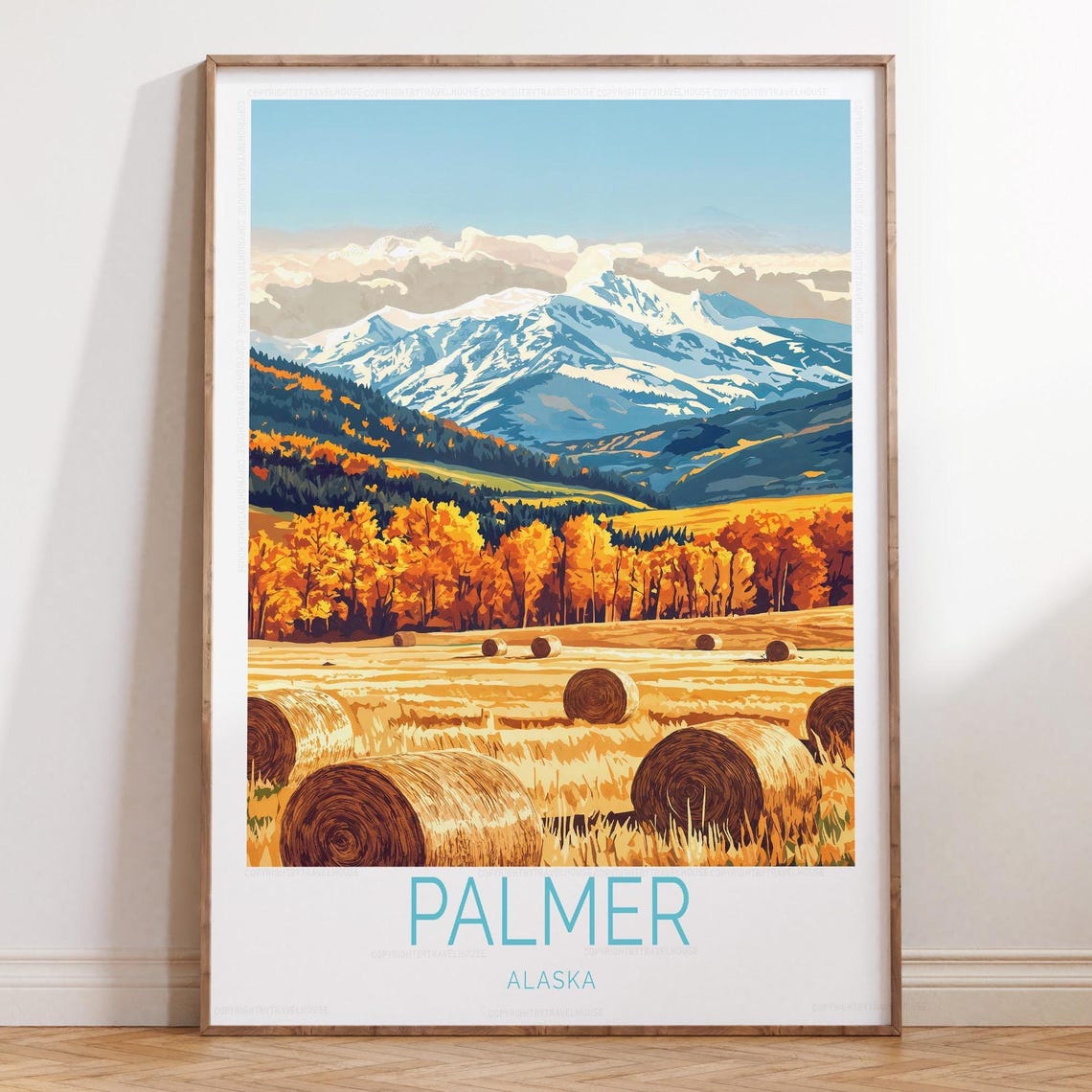 Palmer Alaska Fall Harvest Hay Bale Mountain Meadow Travel Poster