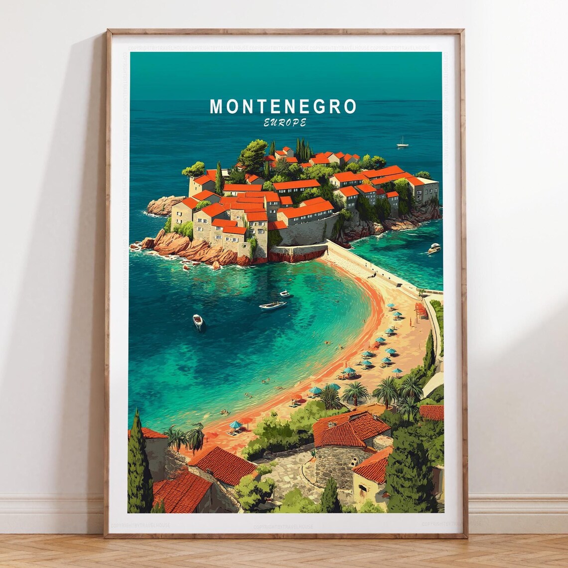 Montenegro Sveti Stefan Island Turquoise Sea Vintage Travel Poster