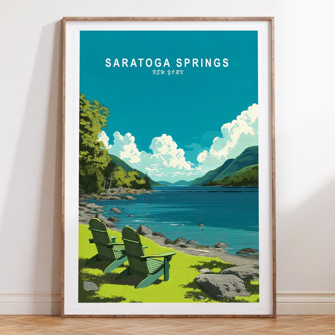 Saratoga Springs Lake Green Chairs Rocky Shore New York Poster