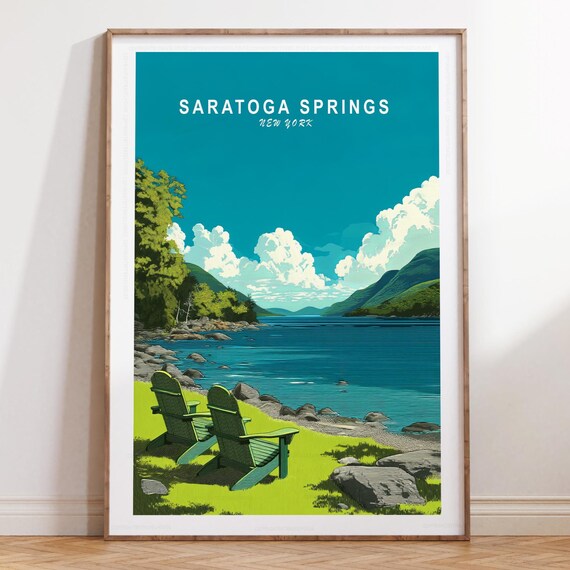 Saratoga Springs Lake Green Chairs Rocky Shore New York Poster