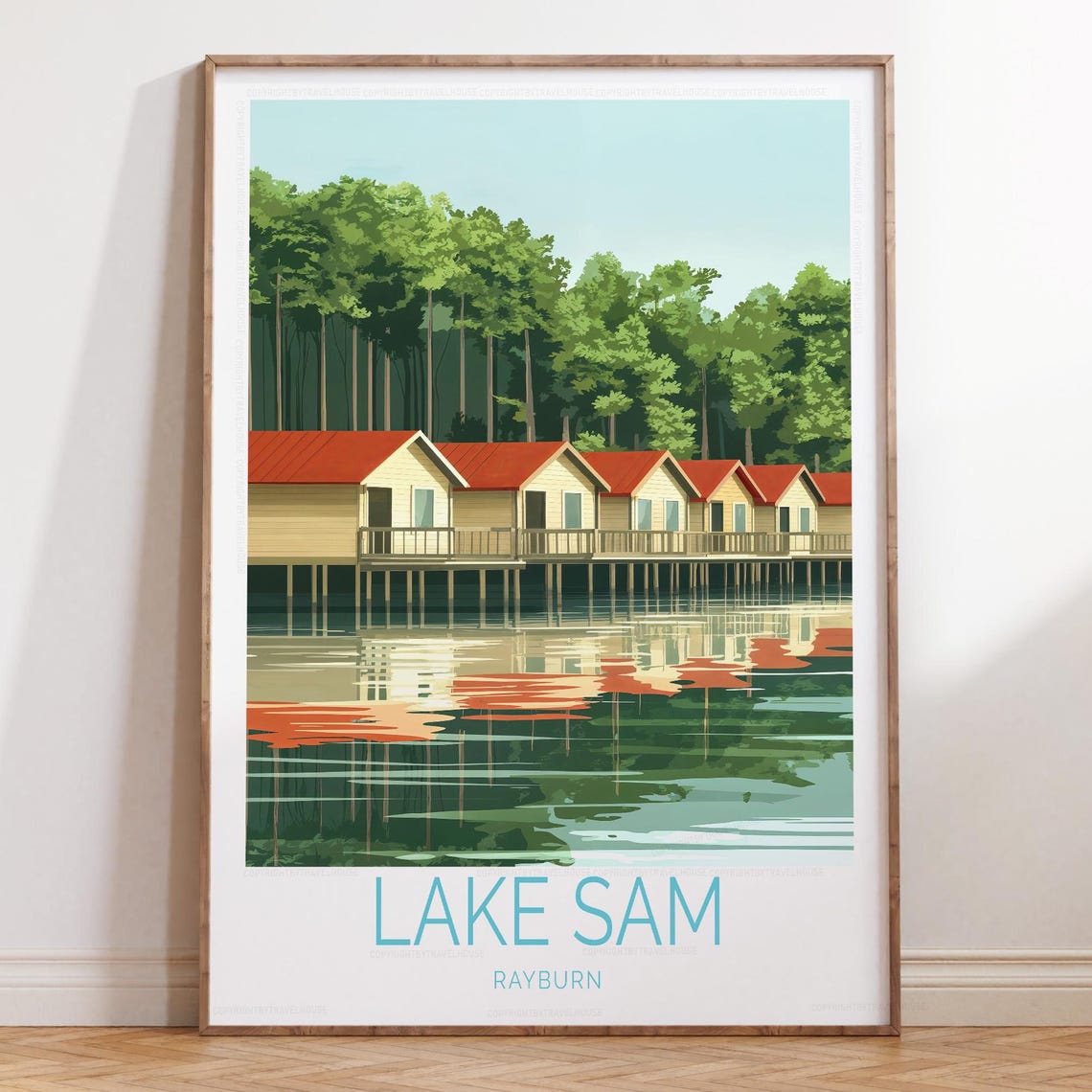 Lake Sam Rayburn Texas Stilt Cabins Water Reflection Daytime Poster