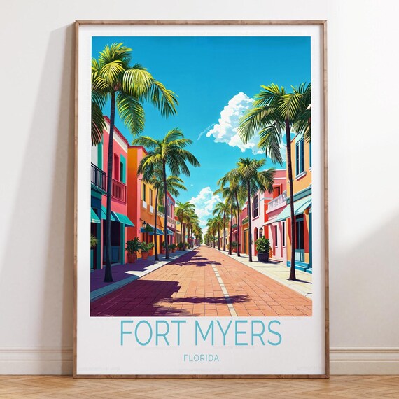 Fort Myers Florida Palm Lined Downtown Street Colorful Travel Poster