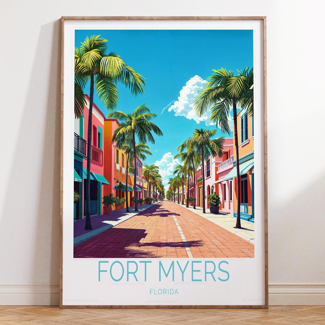 Fort Myers Florida Palm Lined Downtown Street Colorful Travel Poster