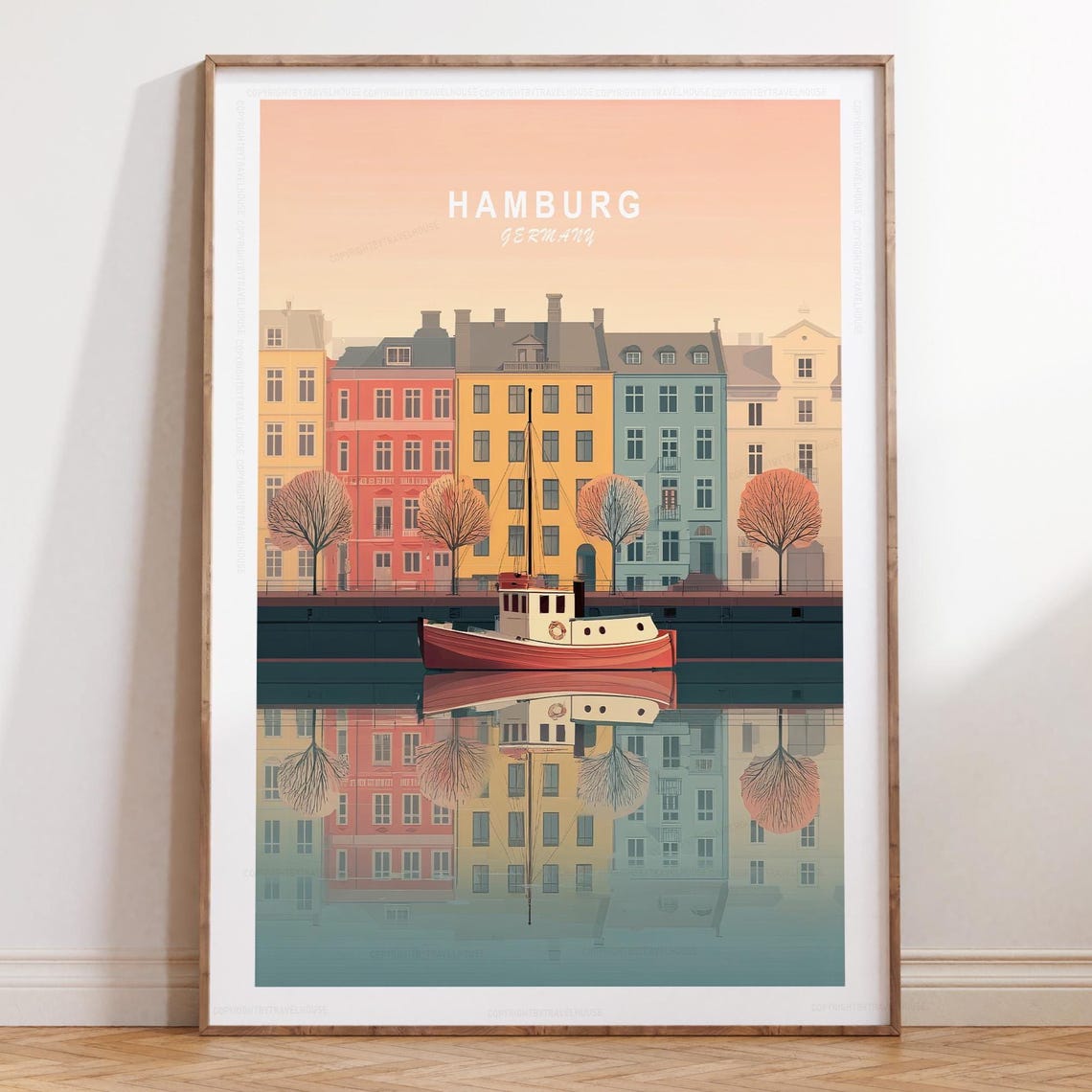 Hamburg Germany Skyline Harbor Boat Sunset Travel Art Poster