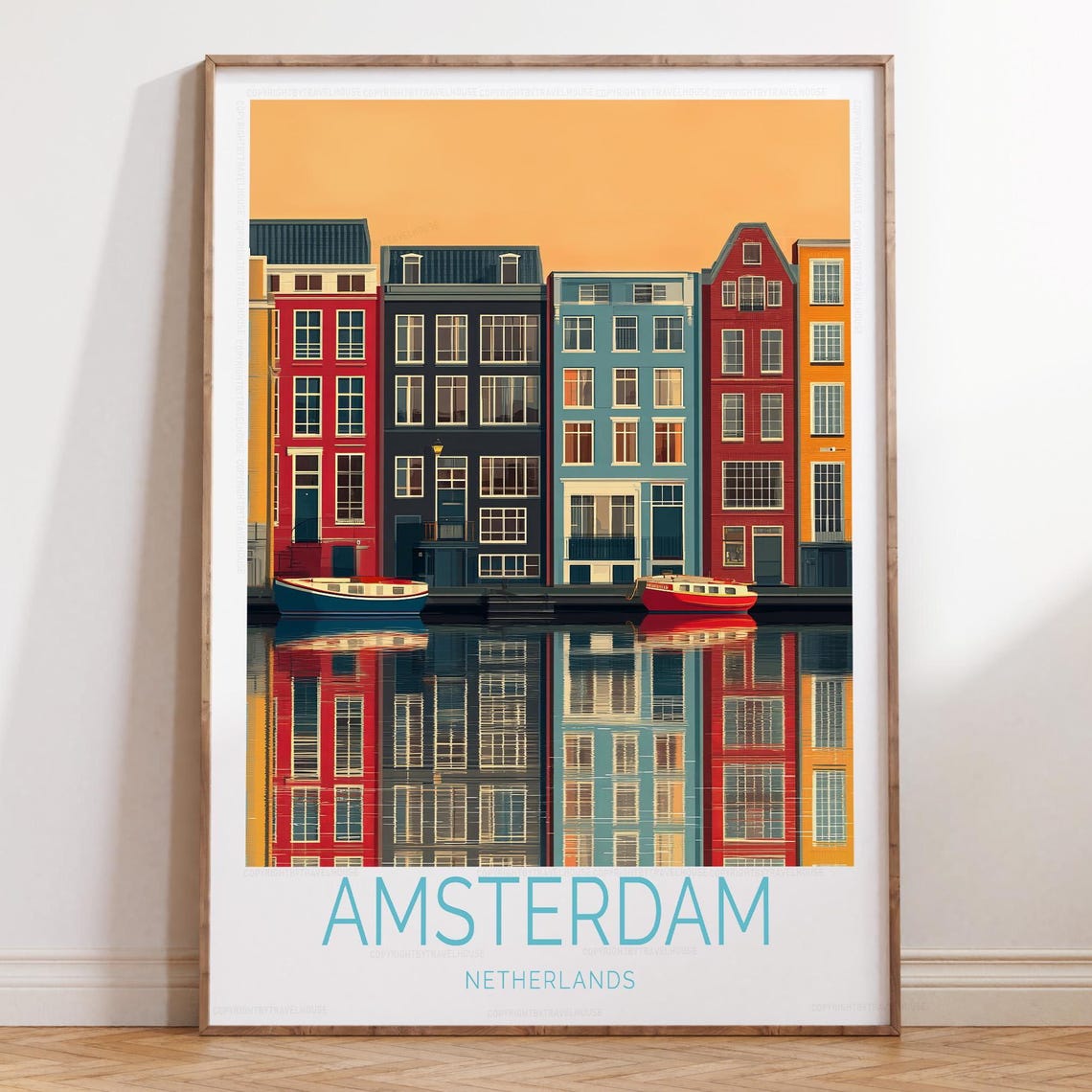 Amsterdam Canal Houses Reflection Teal Title Bottom Travel Poster