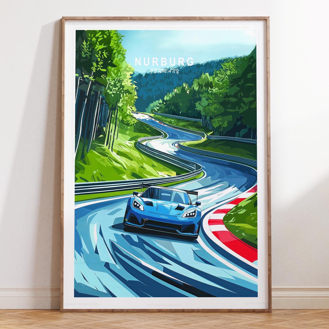 Thrilling Nurburgring Blue Race Car on Green Forest Track Poster