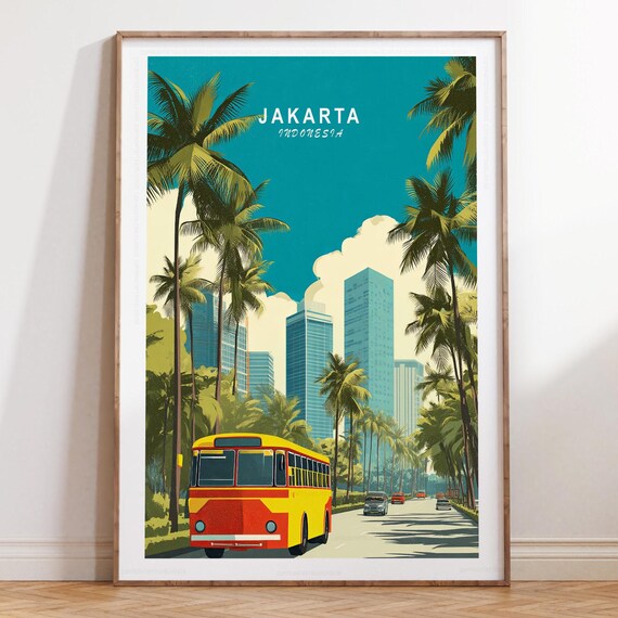 Jakarta Indonesia Retro Bus Palm Avenue Vintage Travel Poster