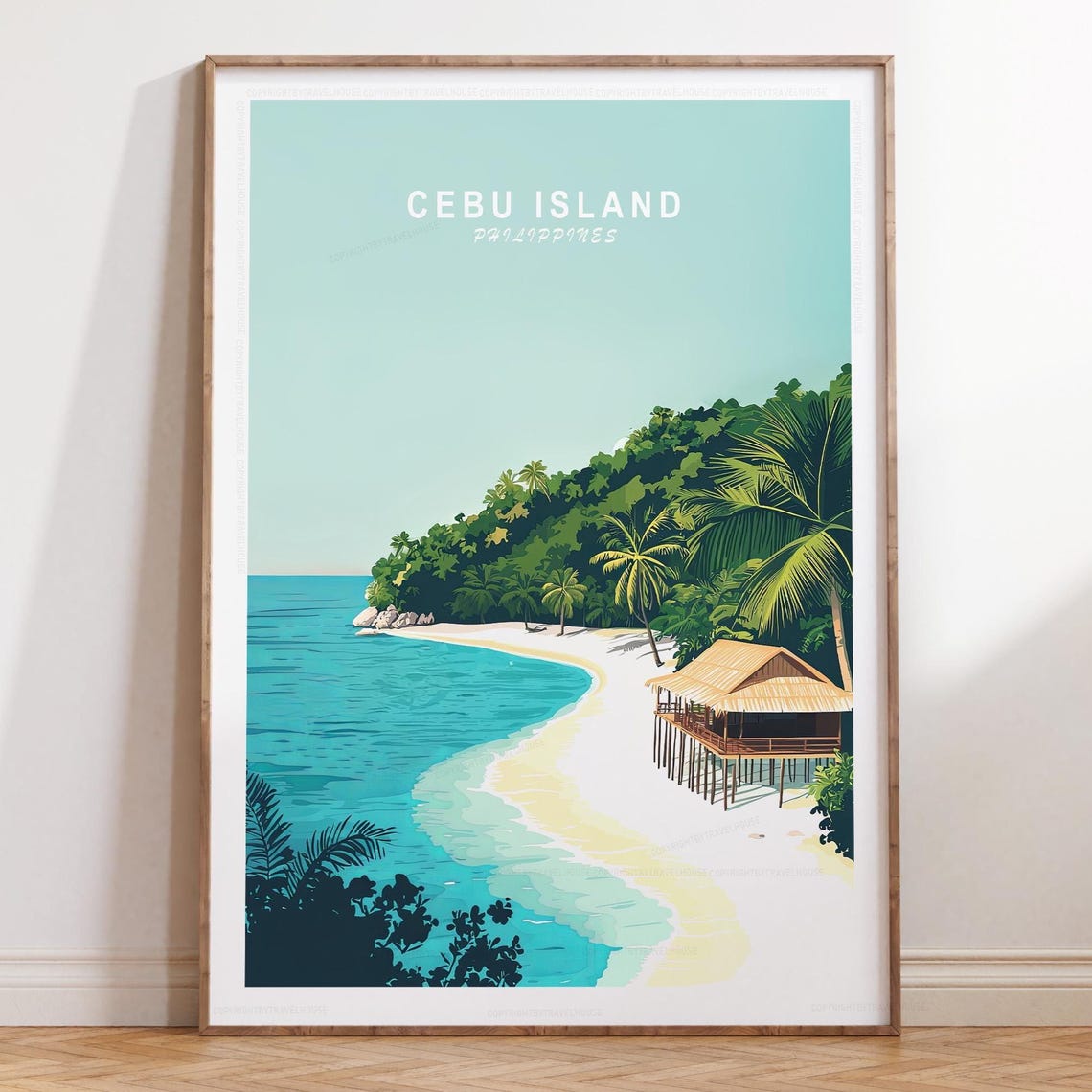Cebu Island Philippines White Sand Beach Palm Stilt Hut Travel Poster