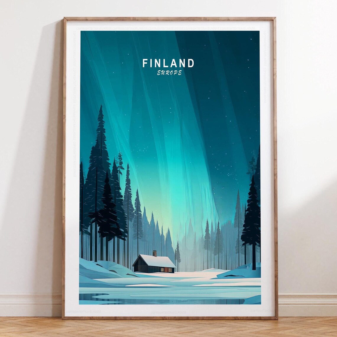 Finland Northern Lights Snowy Cabin Pine Forest Winter Travel Poster