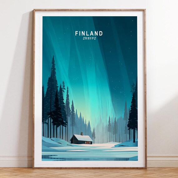 Finland Northern Lights Snowy Cabin Pine Forest Winter Travel Poster