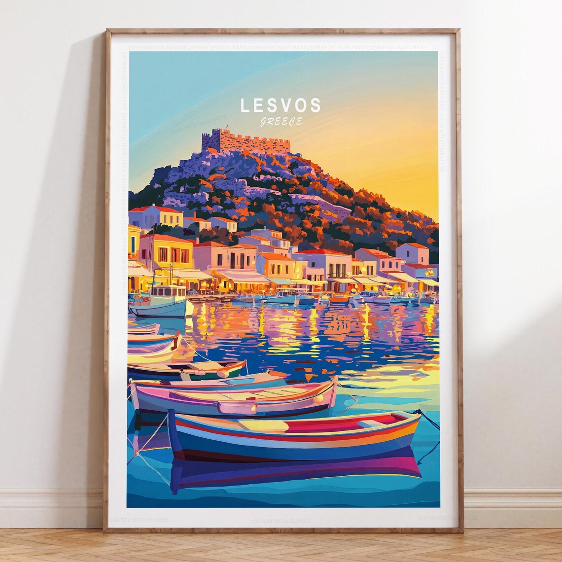 Lesvos Greece Fishing Boat Harbor Sunset Above Castle Hill Poster