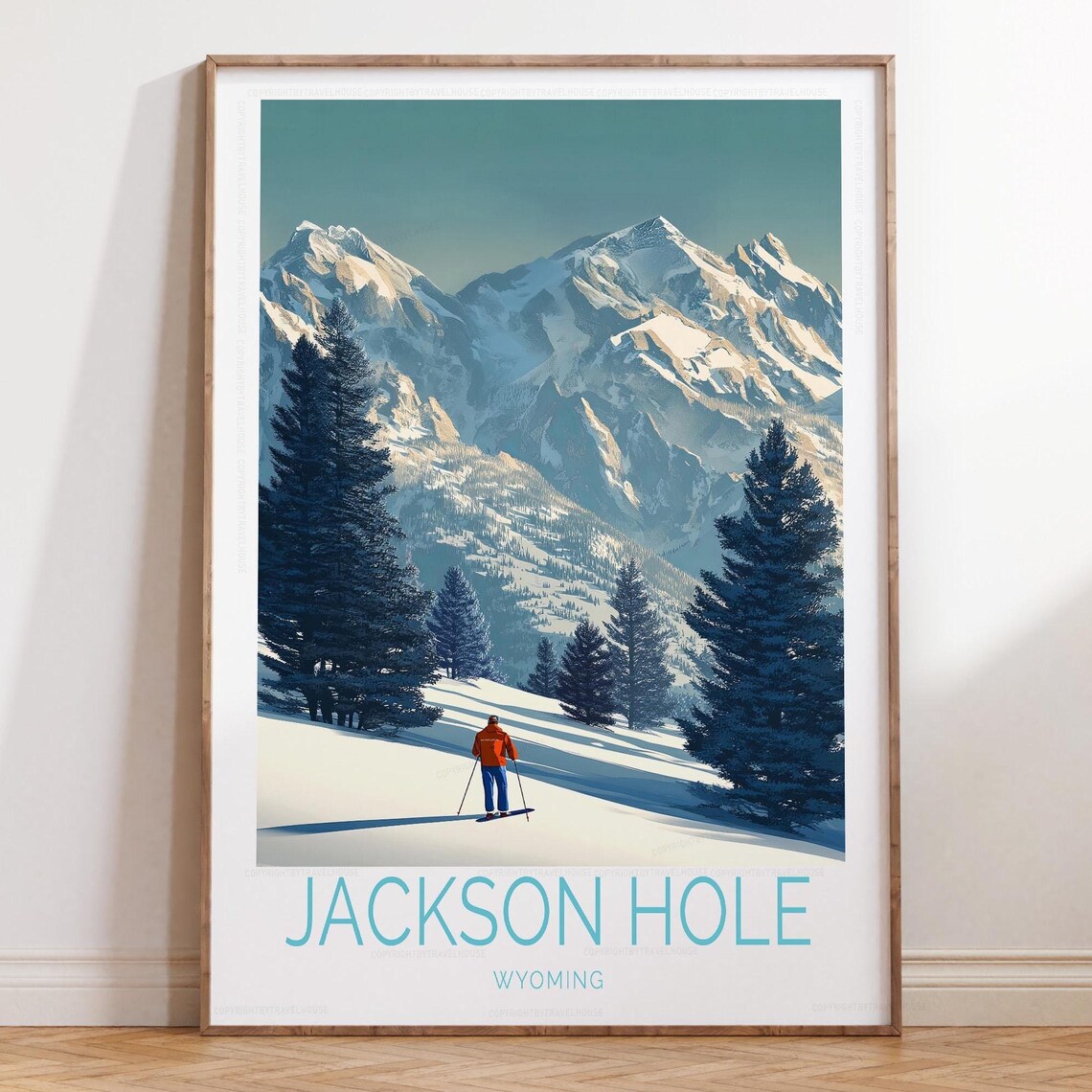 Jackson Hole Wyoming Lone Skier Beneath Snowy Peaks Travel Poster