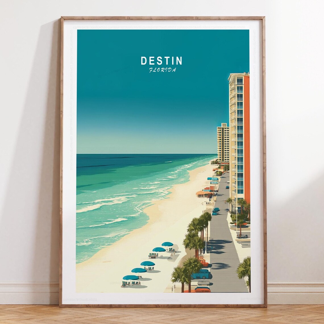 Destin Florida Beach Cityscape with Title at Top Travel Poster
