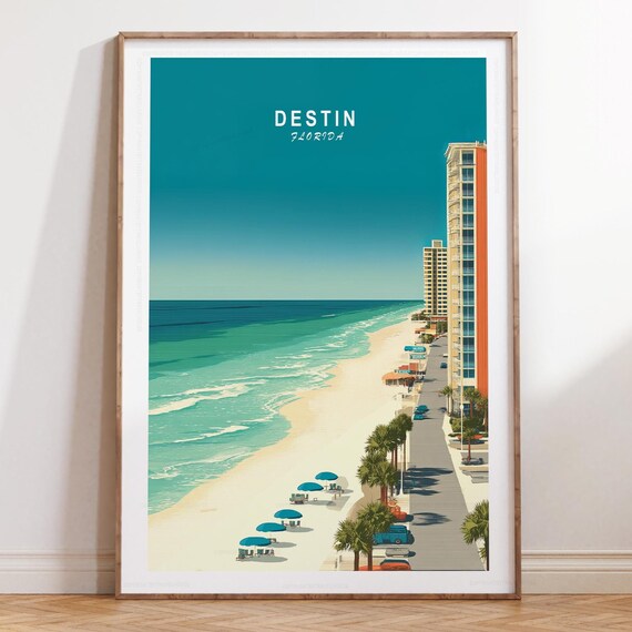 Destin Florida Beach Cityscape with Title at Top Travel Poster