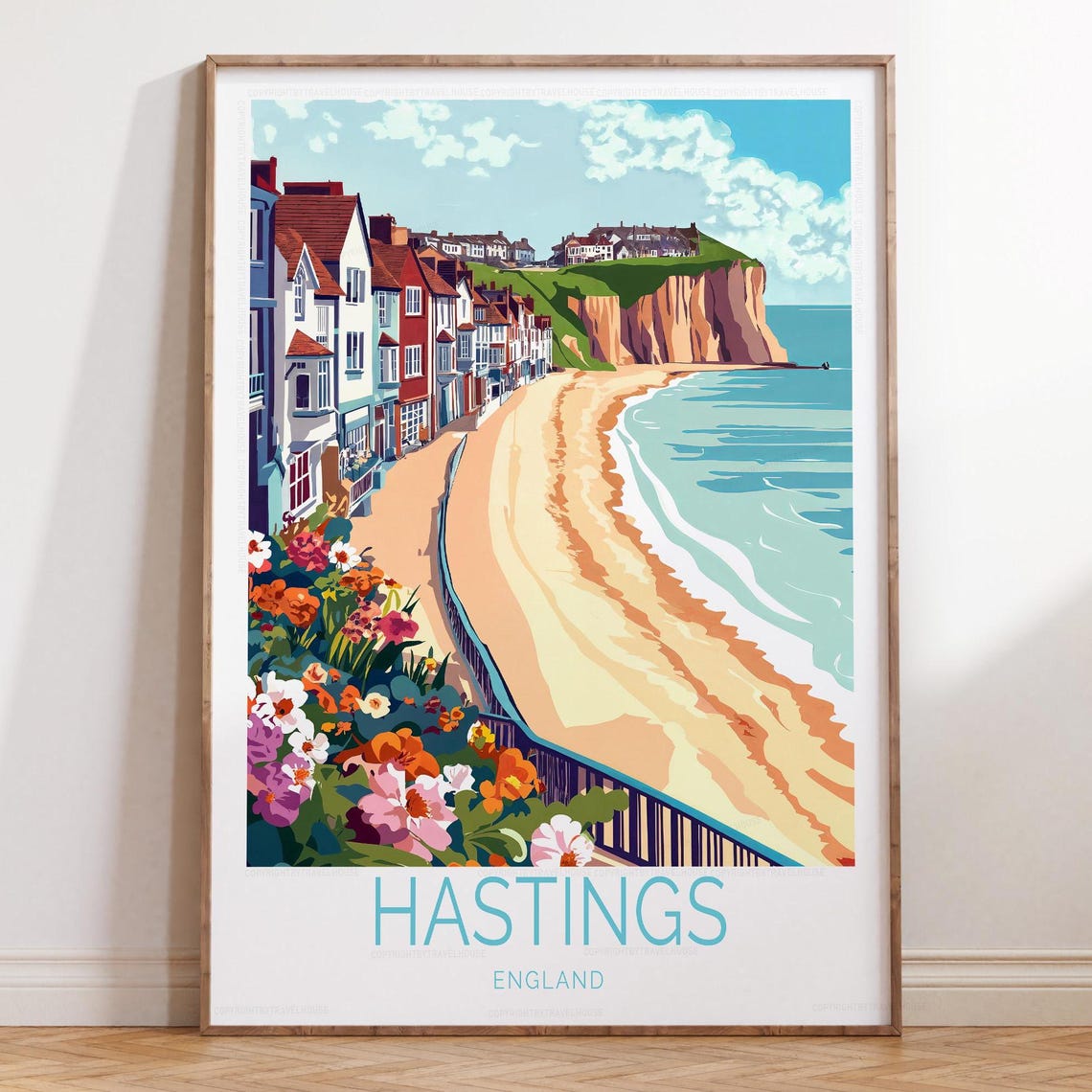 Hastings England Seaside Beach Red Cliffs Coastal Travel Poster