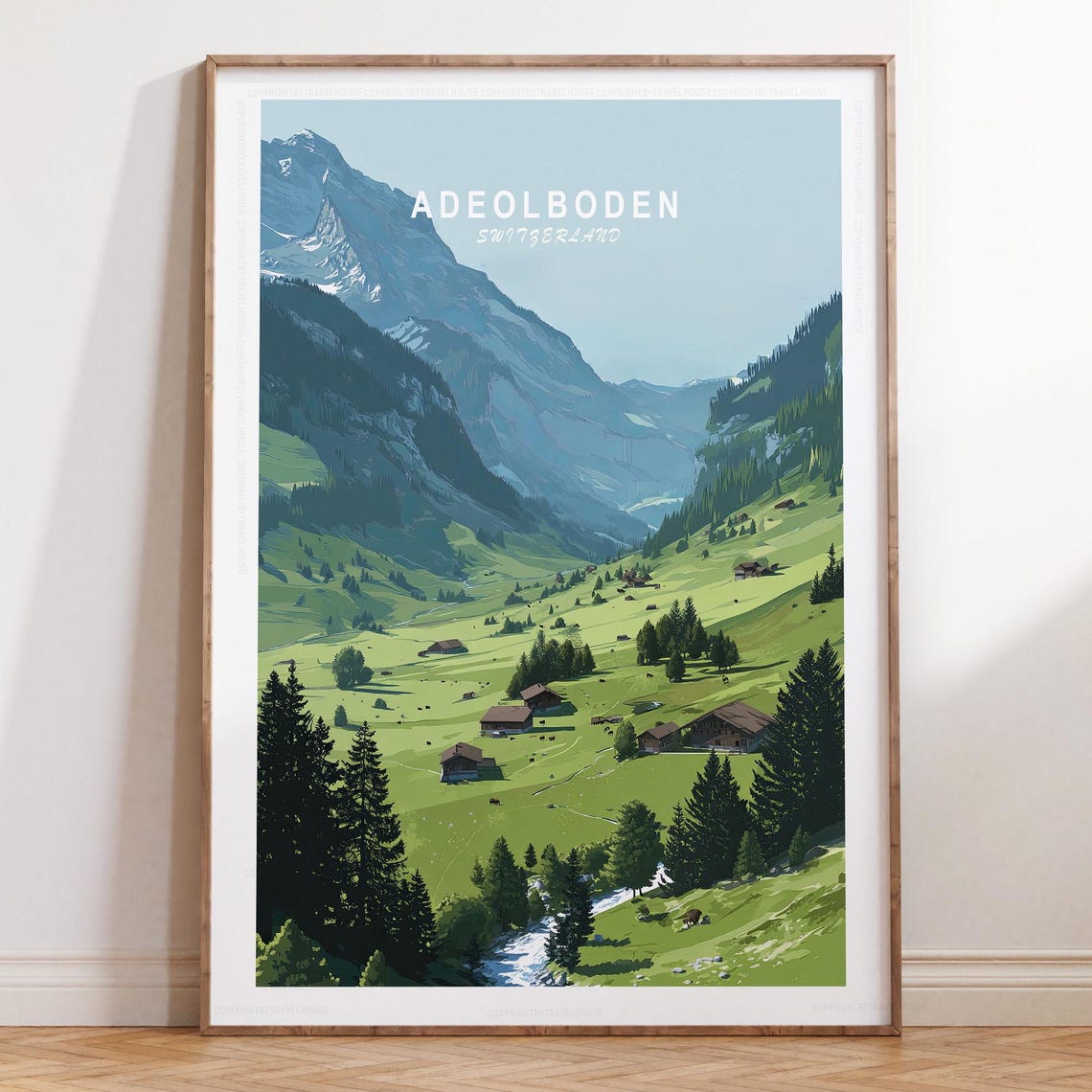 Adelboden Switzerland Waterfall Meadow Pine Forest Travel Poster