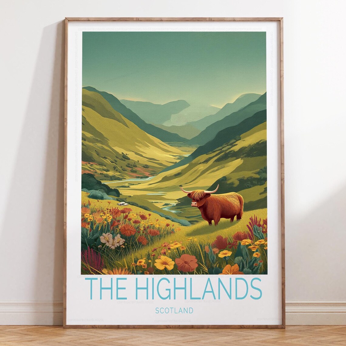 The Highlands Scotland Wildflower Meadow Highland Cow Travel Poster