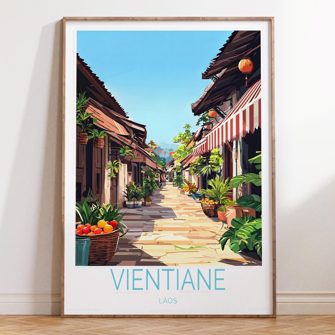 Vientiane Laos Wooden Shophouse Street Sunshine Travel Poster