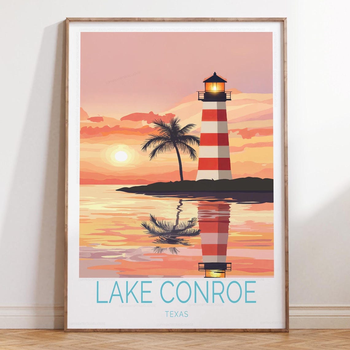 Lake Conroe Texas Lighthouse Sunset Water Reflection Travel Poster