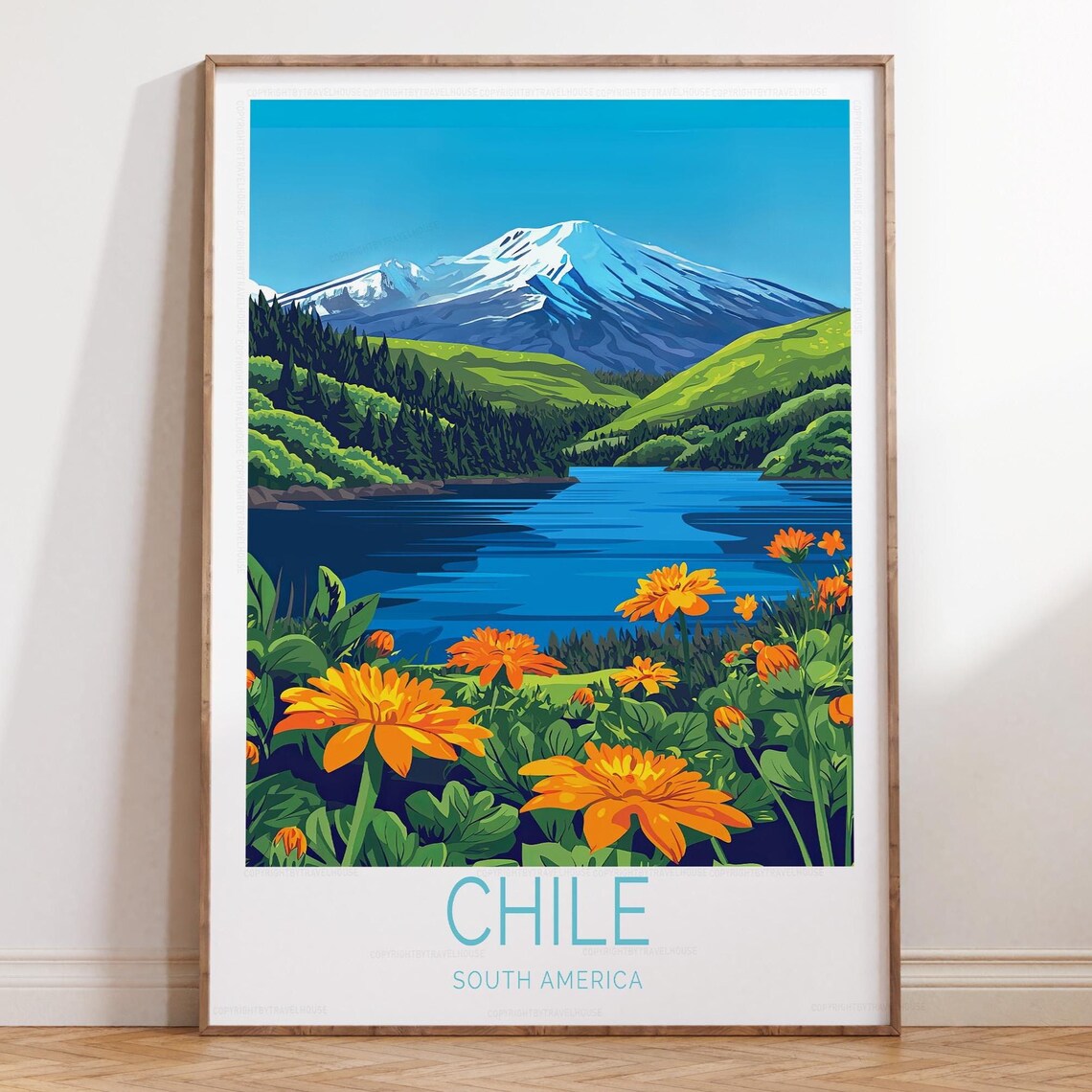 Chile Snowy Volcano Deep Blue Lake Wildflower Foreground Travel Poster