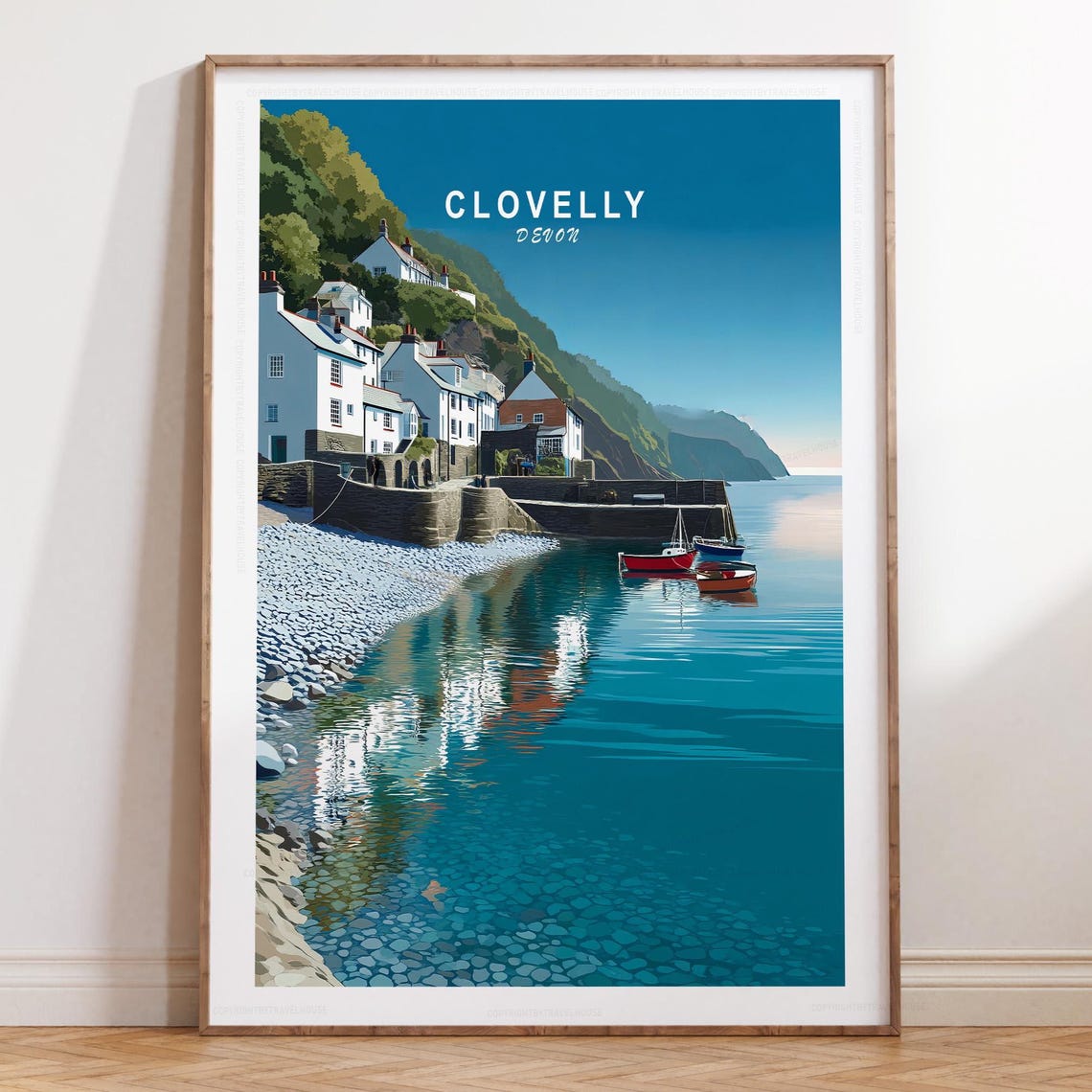 Clovelly Devon Travel Poster Coastal Village Harbor Morning View