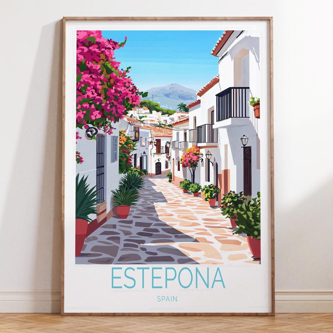 Estepona Spain Flower Lined Street Whitewashed Houses Travel Poster