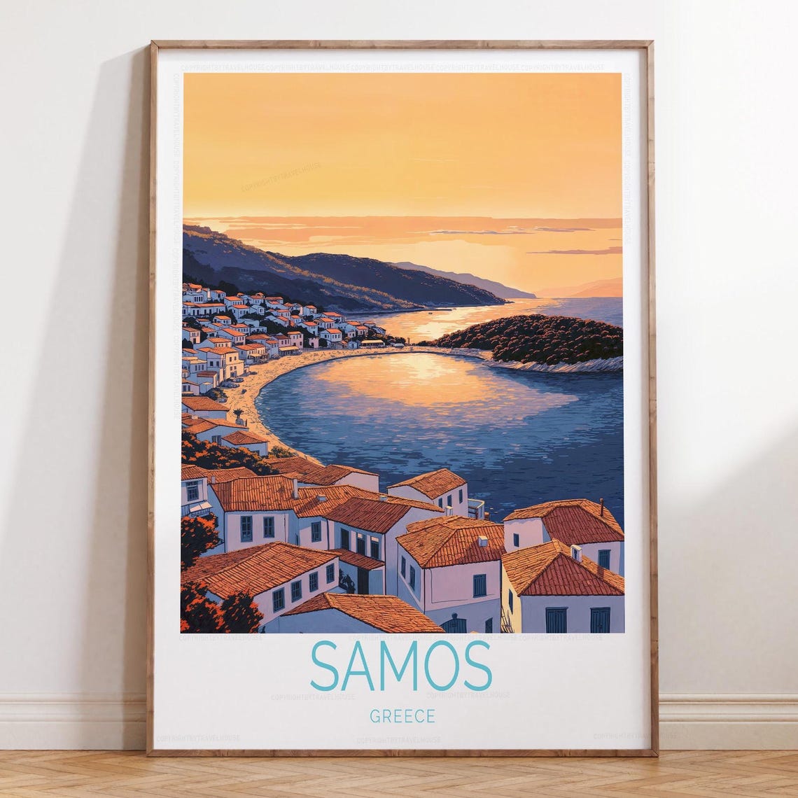 Samos Greece Whitewashed Coastal Village Sunset Bay Travel Poster