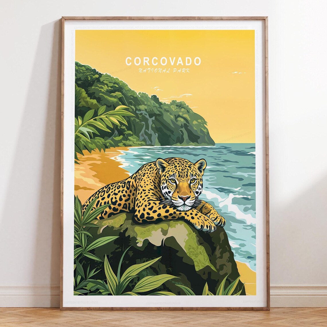 Corcovado National Park Sunset Jaguar on Rock Coast Travel Poster