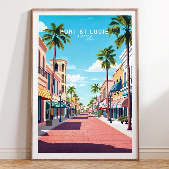 Port St Lucie Florida Palm Lined Street Vintage Travel Poster