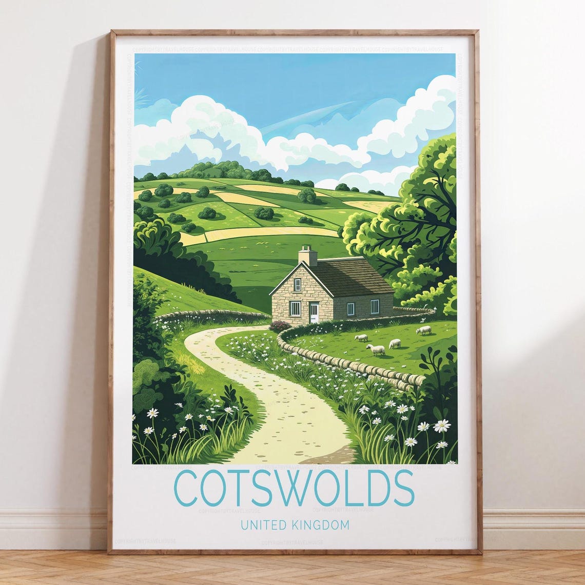 Cotswolds England Stone Cottage Sheep Rolling Hills Travel Poster