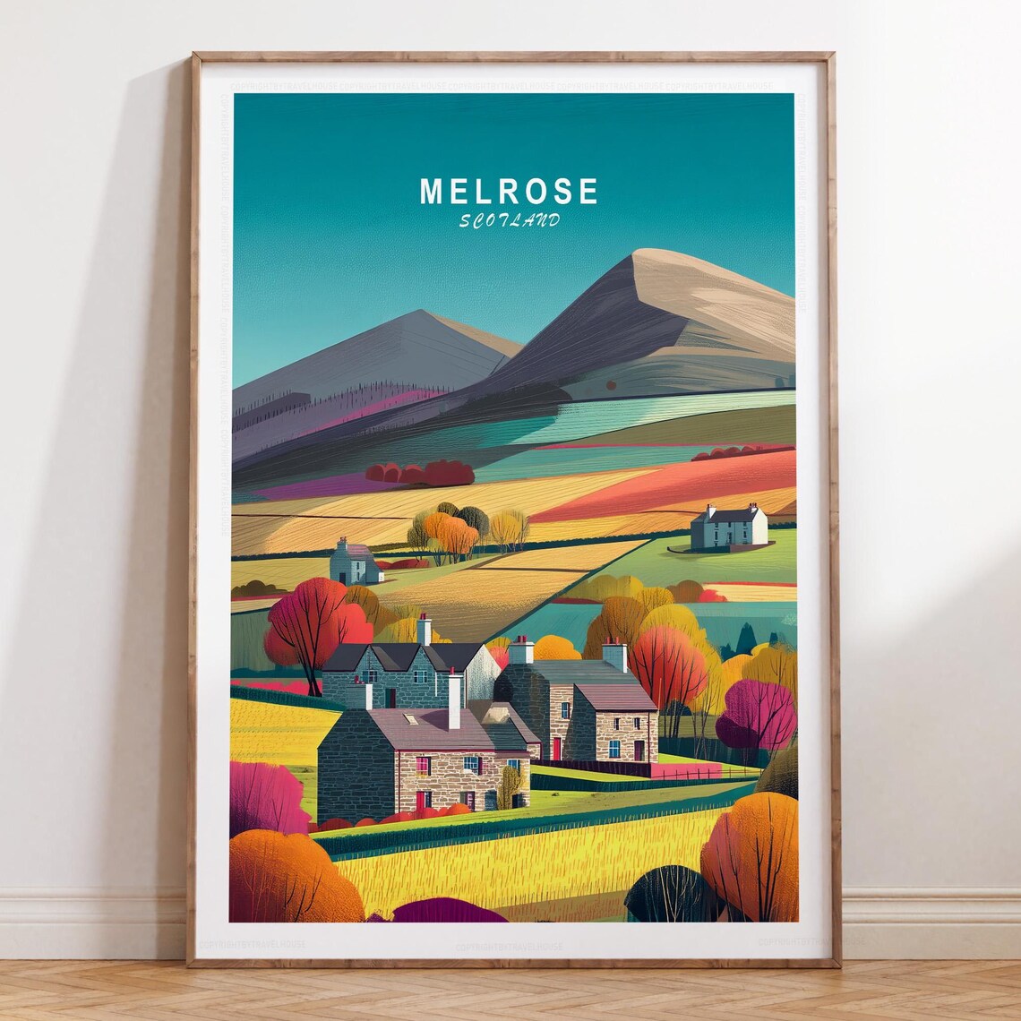 Melrose Scotland Stone Village Autumn Hills Teal Sky Travel Poster