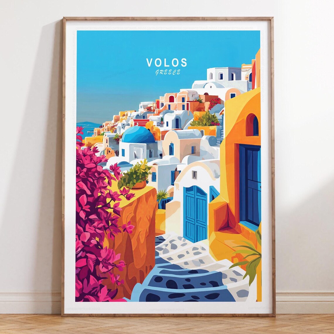 Volos Greece Blue Dome Village Alleyway Steps Mediterranean Poster