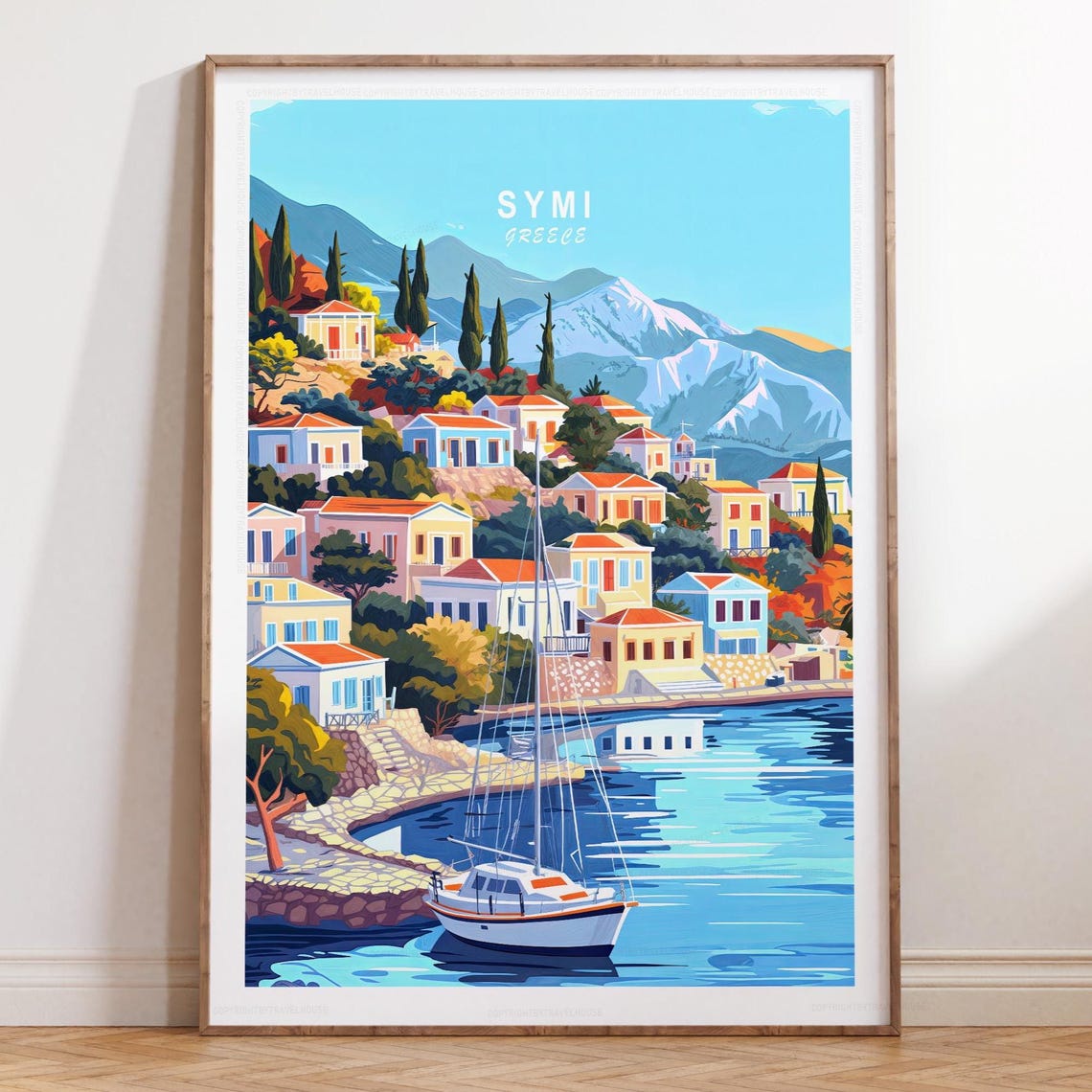 Symi Greece Island Harbor Sailboat Hillside Houses Travel Poster