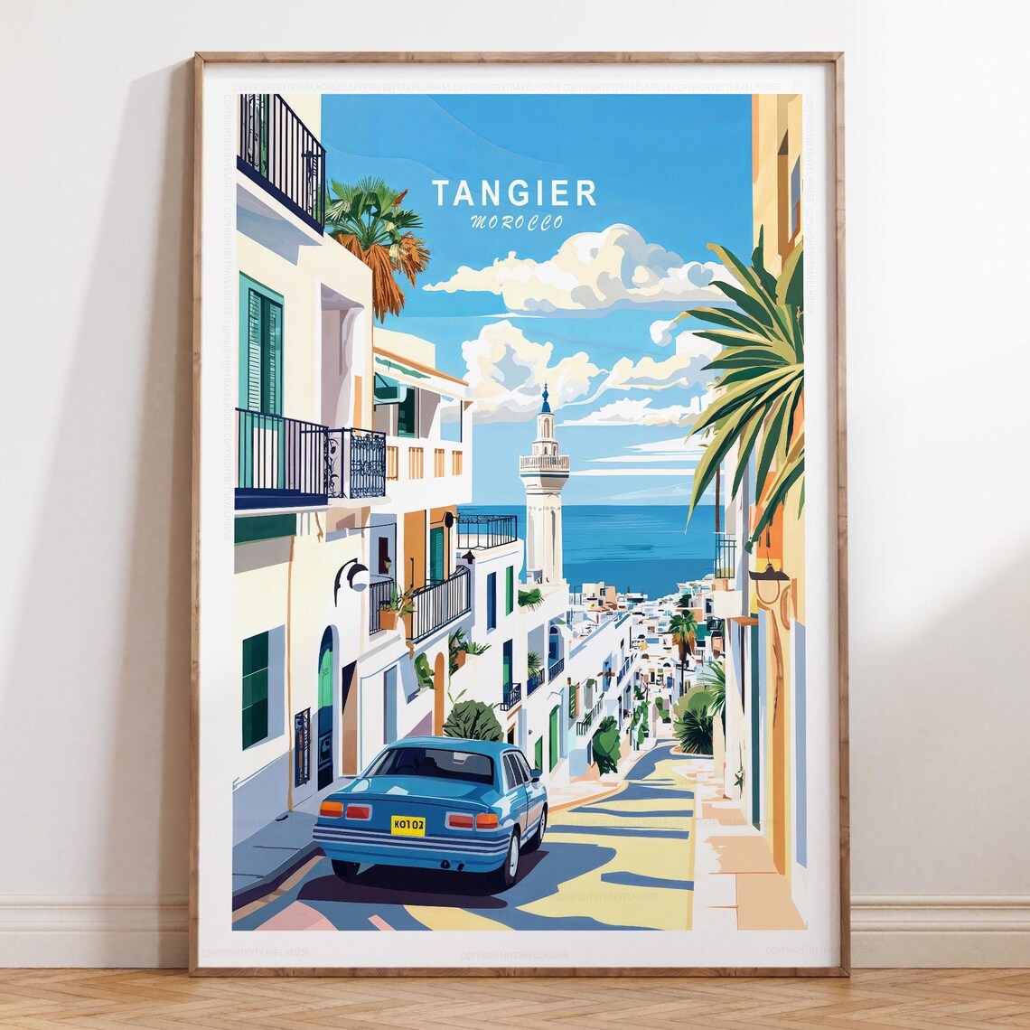 Tangier Morocco Coastal Street Classic Blue Car Minaret Poster