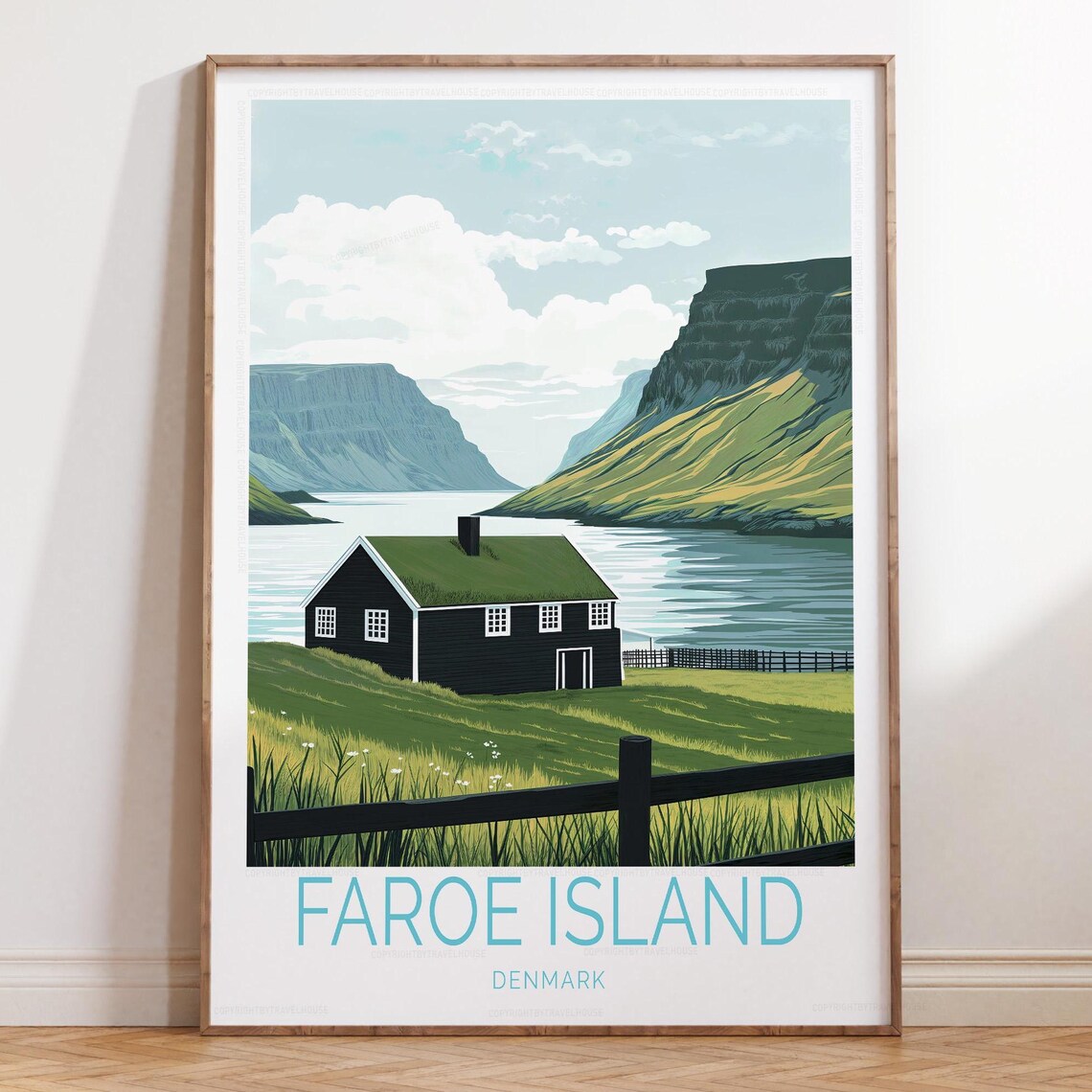 Faroe Island Denmark Black Cabin by the Fjord Retro Travel Poster