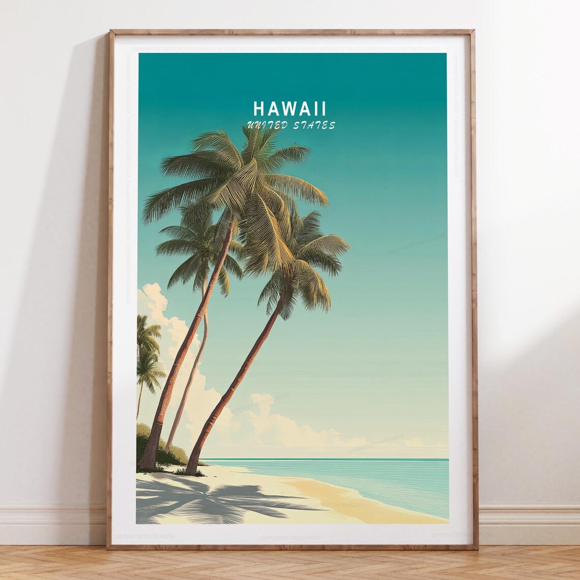 Hawaii United States Leaning Palms Beach Vintage Travel Poster