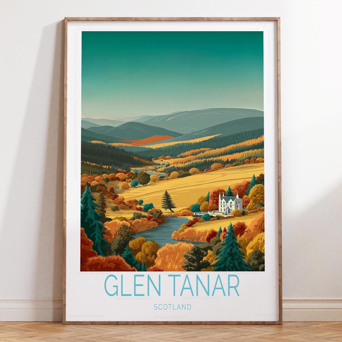 Glen Tanar Scotland Autumn River Valley Vintage Travel Art Poster