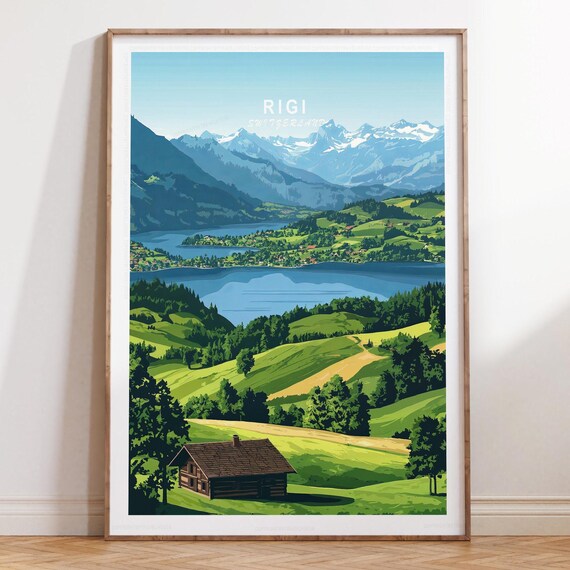 Rigi Switzerland Travel Poster Lake View Alpine Cabin Green Hills Art