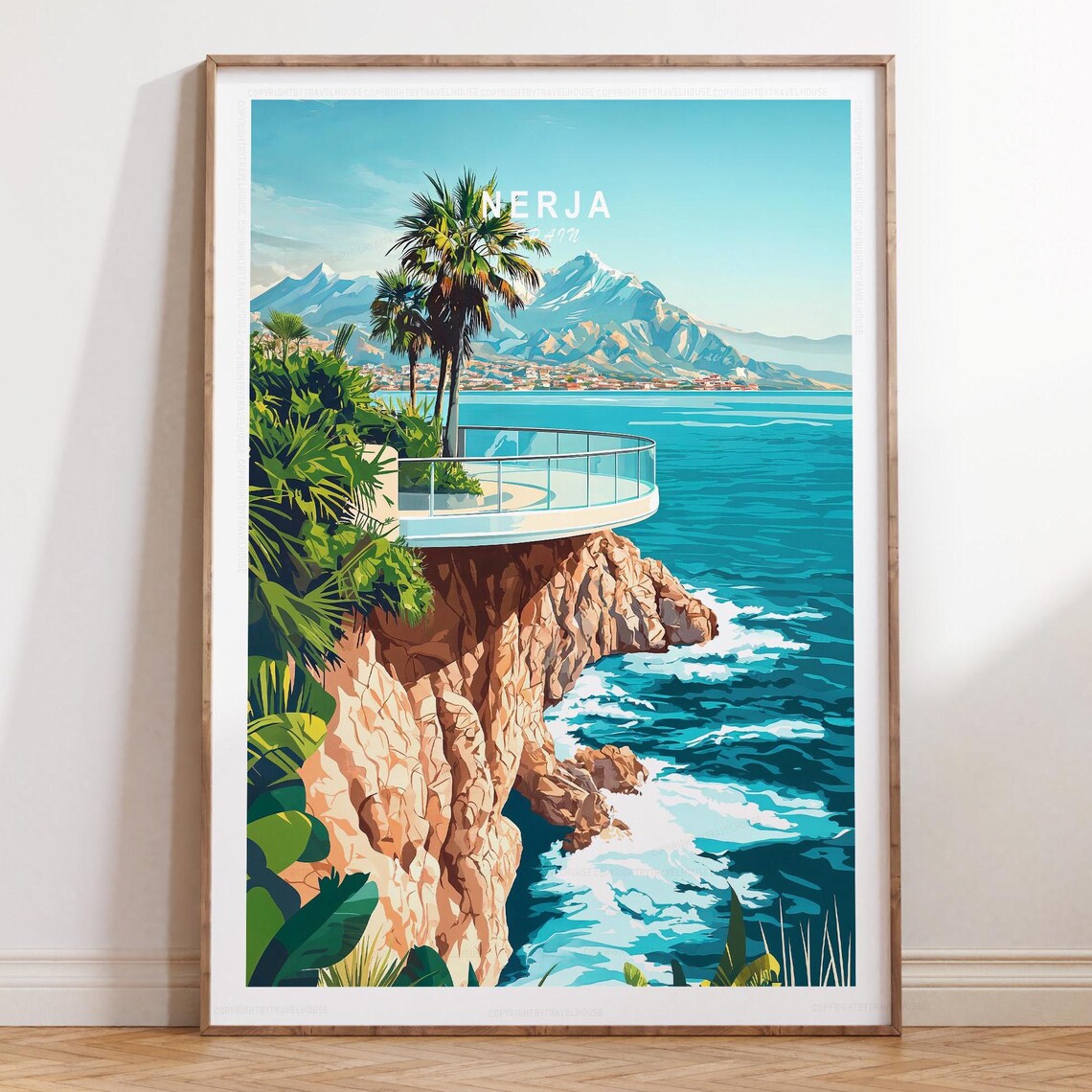 Nerja Spain Balcony View Travel Poster with Turquoise Mediterranean Sea