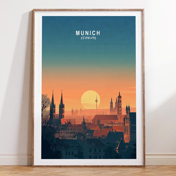 Munich Germany Golden Orange Sunset Skyline Evening Travel Poster