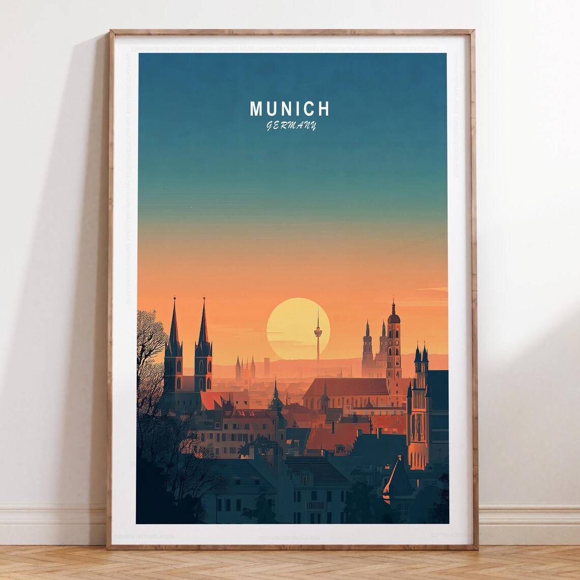 Munich Germany Golden Orange Sunset Skyline Evening Travel Poster