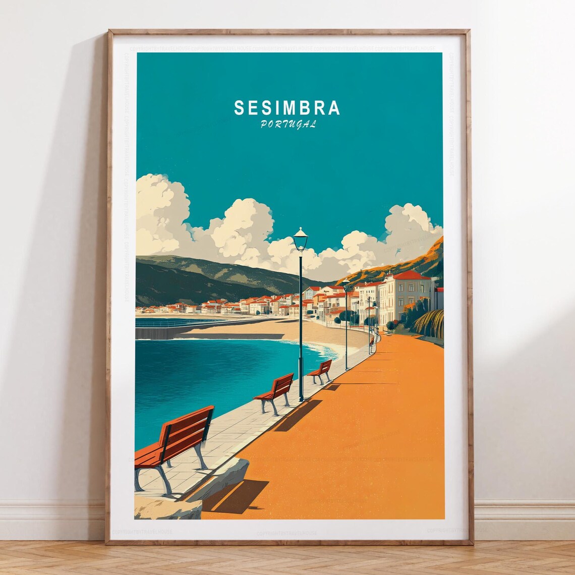 Sesimbra Portugal Coast Promenade Benches Cloudy Seaside Travel Poster