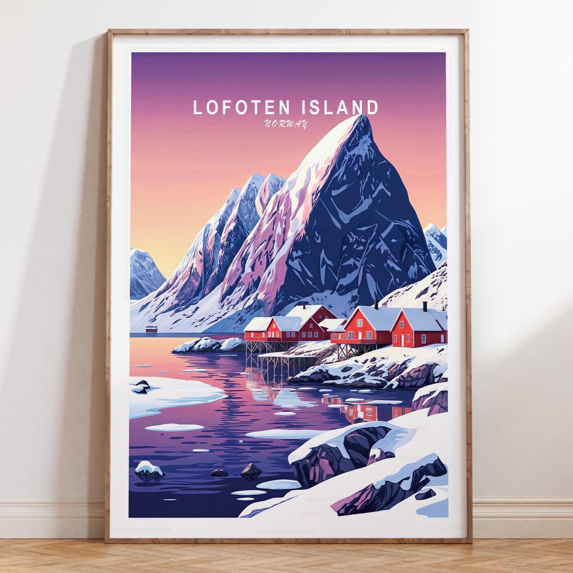 Lofoten Island Norway Purple Sunset Arctic Fjord Red Cabins Poster