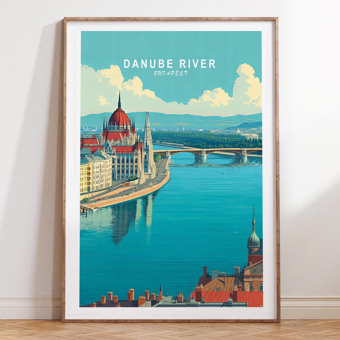 Budapest Danube River Parliament Building Vintage Travel Poster