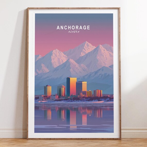 Anchorage Alaska Mountain Skyline Top-Title Vintage Travel Poster