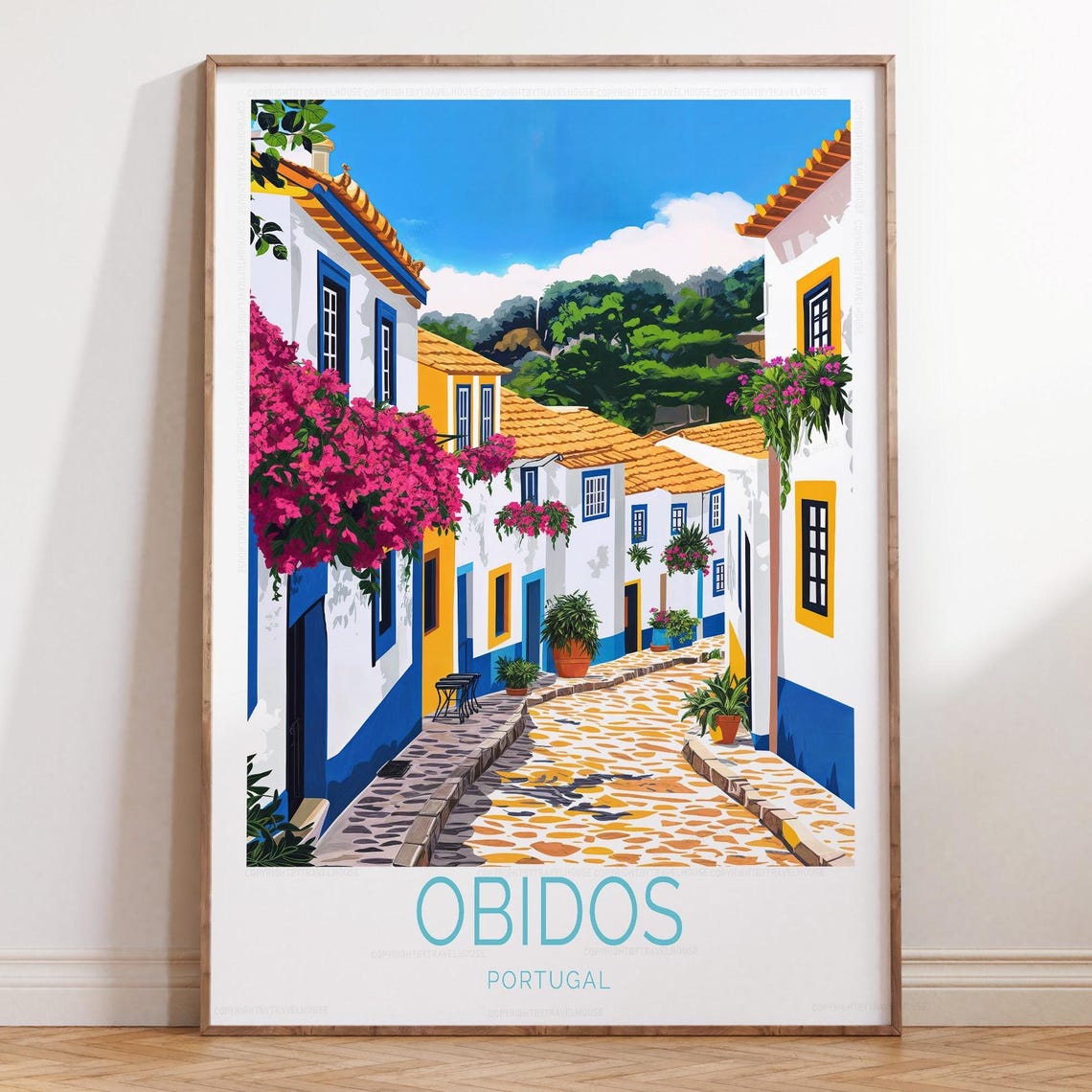 Obidos Portugal Whitewashed Street With Bougainvillea Poster